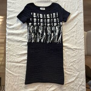 Maison Ullens XS Black Navy Knit Dress Fringe Cotton Linen Blend Luxury Preppy